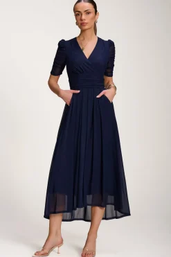 Jolie Moi Occasion Dresses|Party Dresses-Mesh Ruched Sleeve Maxi Dress, Navy
