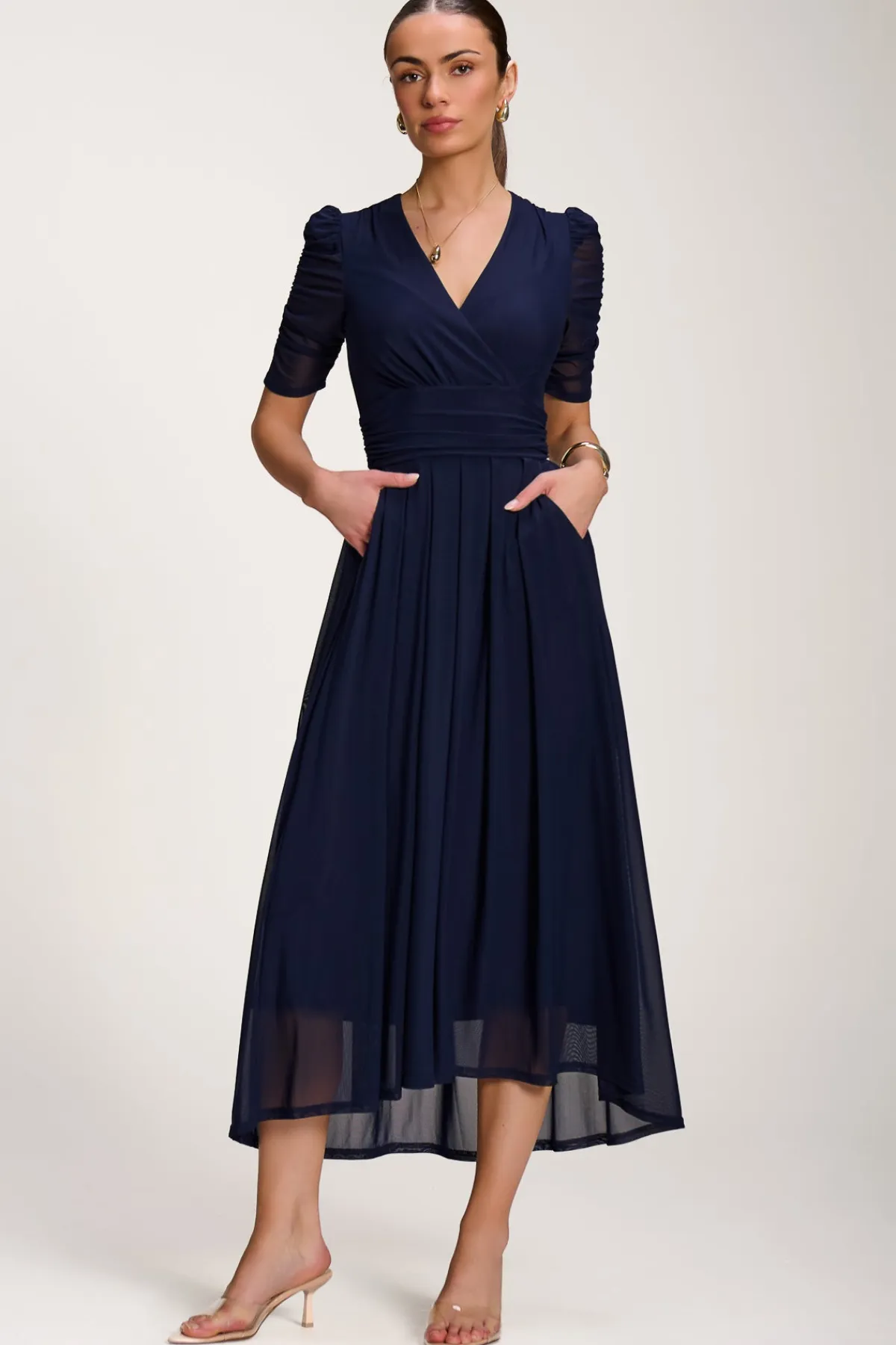 Jolie Moi Occasion Dresses|Party Dresses-Mesh Ruched Sleeve Maxi Dress, Navy