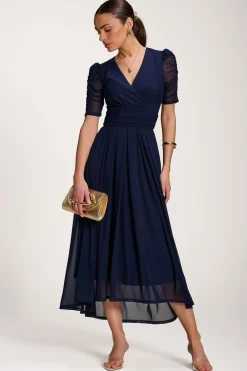 Jolie Moi Occasion Dresses|Party Dresses-Mesh Ruched Sleeve Maxi Dress, Navy