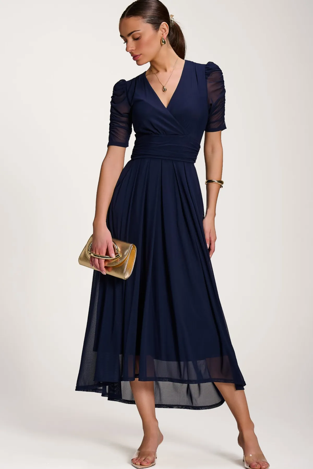 Jolie Moi Occasion Dresses|Party Dresses-Mesh Ruched Sleeve Maxi Dress, Navy