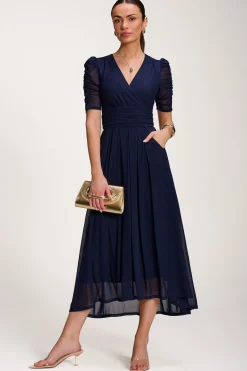 Jolie Moi Occasion Dresses|Party Dresses-Mesh Ruched Sleeve Maxi Dress, Navy