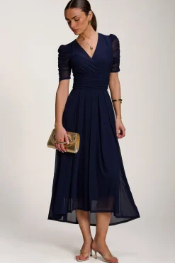 Jolie Moi Occasion Dresses|Party Dresses-Mesh Ruched Sleeve Maxi Dress, Navy