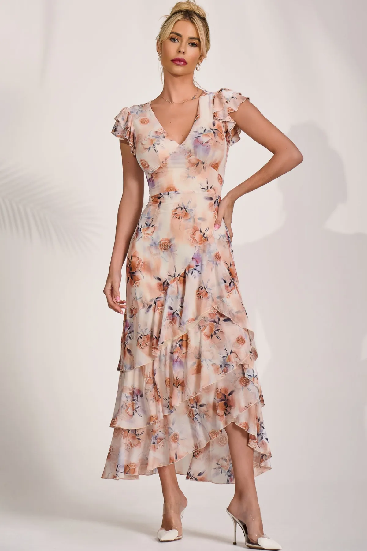 Jolie Moi Mesh Dresses|Weekend Casuals-Mesh Ruffle Detail Maxi Dress, Amber Floral