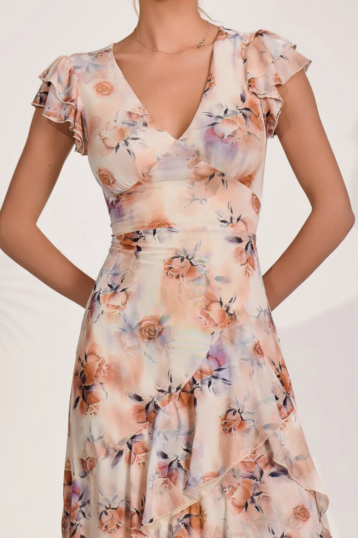 Jolie Moi Mesh Dresses|Weekend Casuals-Mesh Ruffle Detail Maxi Dress, Amber Floral