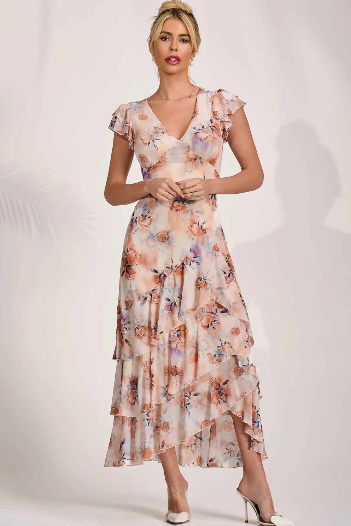 Jolie Moi Mesh Dresses|Weekend Casuals-Mesh Ruffle Detail Maxi Dress, Amber Floral