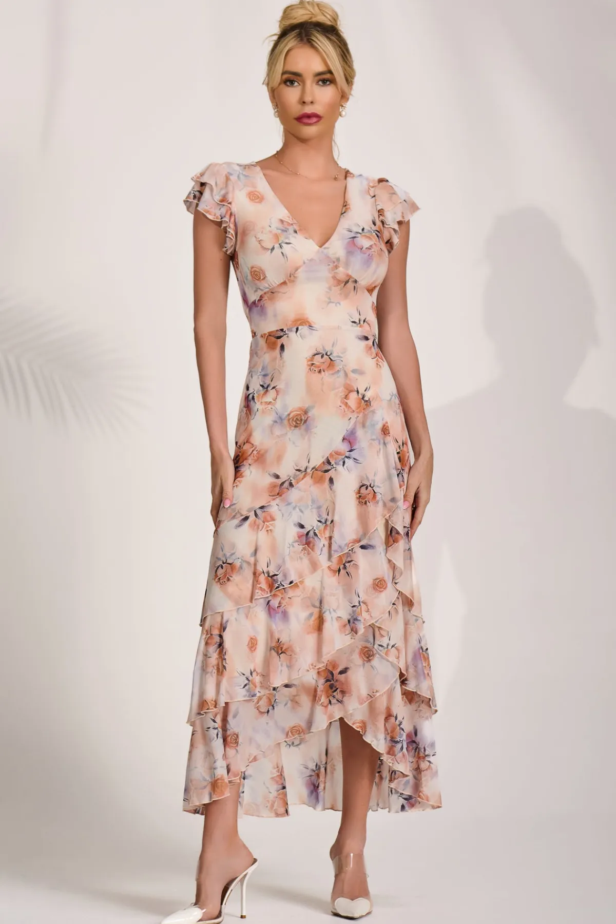 Jolie Moi Mesh Dresses|Weekend Casuals-Mesh Ruffle Detail Maxi Dress, Amber Floral