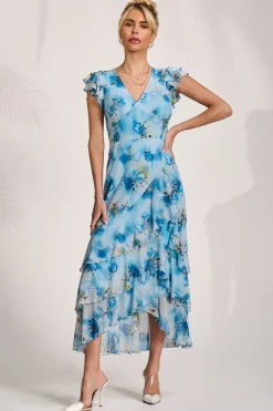 Jolie Moi Mesh Dresses|Maxi Dresses-Mesh Ruffle Detail Maxi Dress, Blue Floral