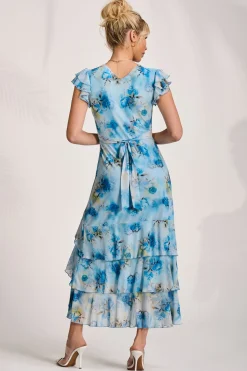 Jolie Moi Mesh Dresses|Maxi Dresses-Mesh Ruffle Detail Maxi Dress, Blue Floral