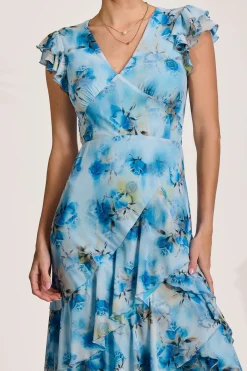 Jolie Moi Mesh Dresses|Maxi Dresses-Mesh Ruffle Detail Maxi Dress, Blue Floral