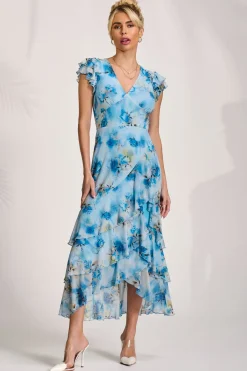 Jolie Moi Mesh Dresses|Maxi Dresses-Mesh Ruffle Detail Maxi Dress, Blue Floral