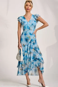 Jolie Moi Mesh Dresses|Maxi Dresses-Mesh Ruffle Detail Maxi Dress, Blue Floral