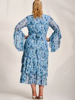 Jolie Moi Occasion Dresses|Floral Dresses-Mesh Ruffle Sleeve Tiered Midaxi Dress, Blue Floral