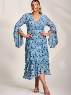 Jolie Moi Occasion Dresses|Floral Dresses-Mesh Ruffle Sleeve Tiered Midaxi Dress, Blue Floral