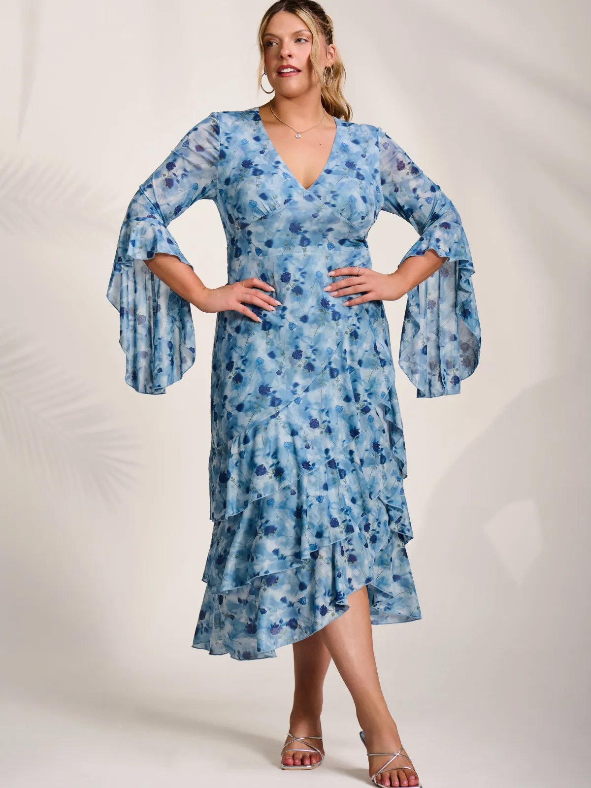 Jolie Moi Occasion Dresses|Floral Dresses-Mesh Ruffle Sleeve Tiered Midaxi Dress, Blue Floral
