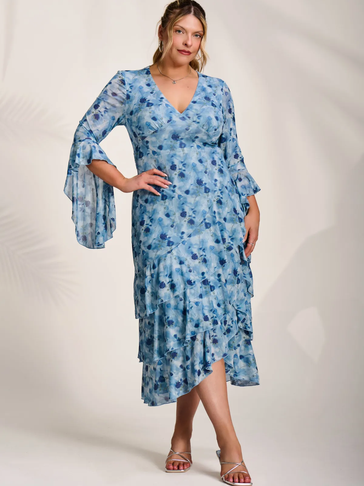 Jolie Moi Occasion Dresses|Floral Dresses-Mesh Ruffle Sleeve Tiered Midaxi Dress, Blue Floral