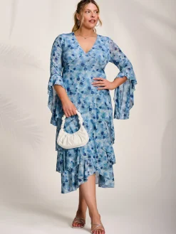 Jolie Moi Occasion Dresses|Floral Dresses-Mesh Ruffle Sleeve Tiered Midaxi Dress, Blue Floral