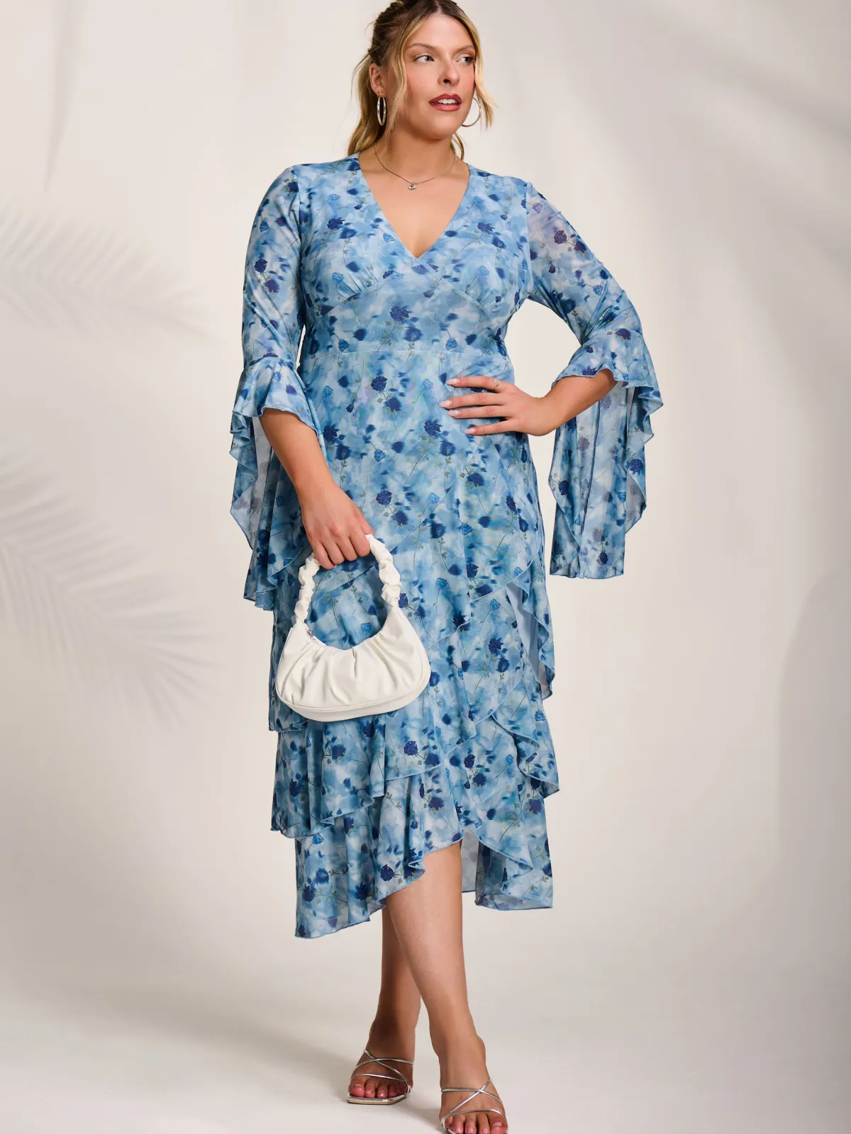 Jolie Moi Occasion Dresses|Floral Dresses-Mesh Ruffle Sleeve Tiered Midaxi Dress, Blue Floral