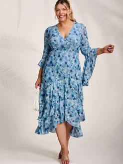 Jolie Moi Occasion Dresses|Floral Dresses-Mesh Ruffle Sleeve Tiered Midaxi Dress, Blue Floral