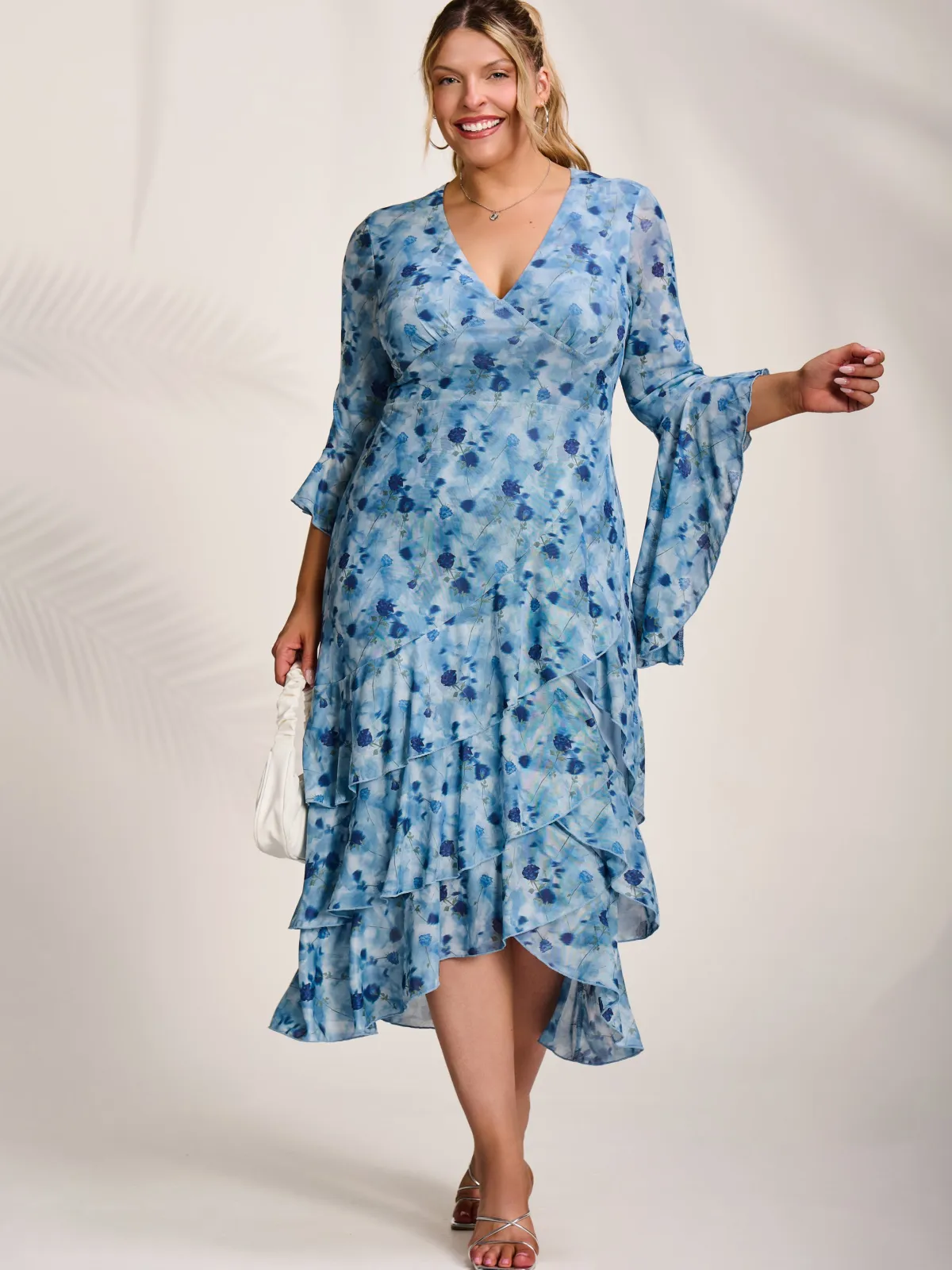 Jolie Moi Occasion Dresses|Floral Dresses-Mesh Ruffle Sleeve Tiered Midaxi Dress, Blue Floral
