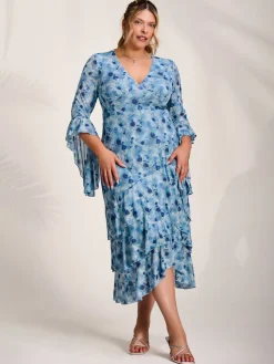 Jolie Moi Occasion Dresses|Floral Dresses-Mesh Ruffle Sleeve Tiered Midaxi Dress, Blue Floral