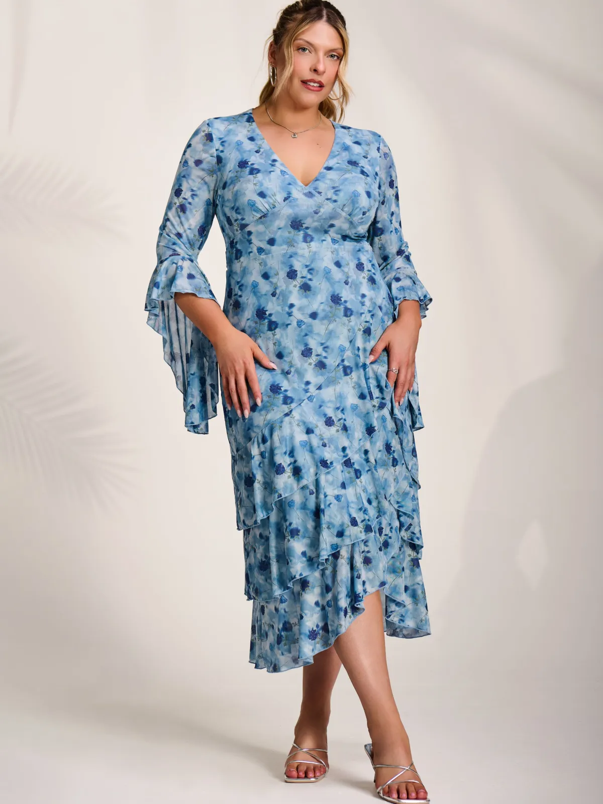Jolie Moi Occasion Dresses|Floral Dresses-Mesh Ruffle Sleeve Tiered Midaxi Dress, Blue Floral
