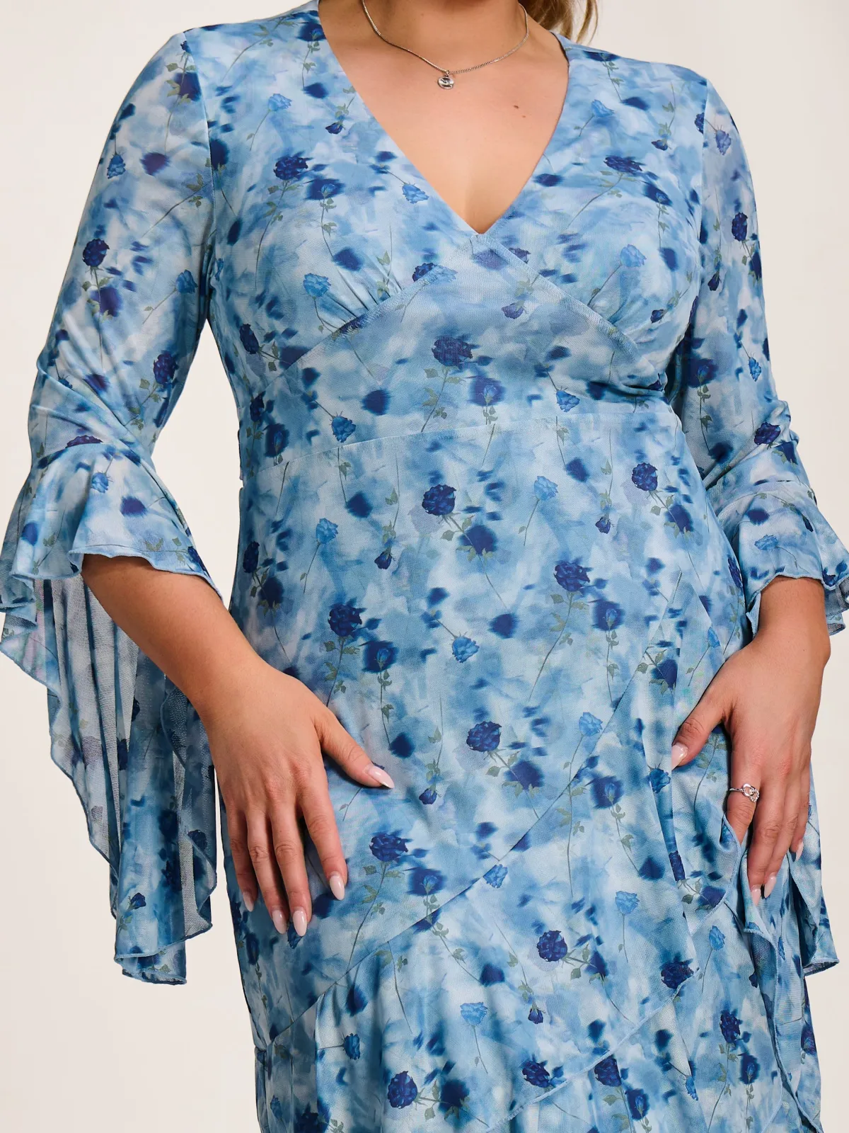 Jolie Moi Occasion Dresses|Floral Dresses-Mesh Ruffle Sleeve Tiered Midaxi Dress, Blue Floral