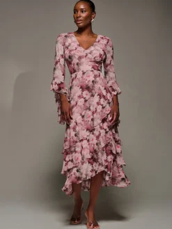 Jolie Moi Occasion Dresses|Floral Dresses-Mesh Ruffle Sleeve Tiered Midaxi Dress, Pink Floral