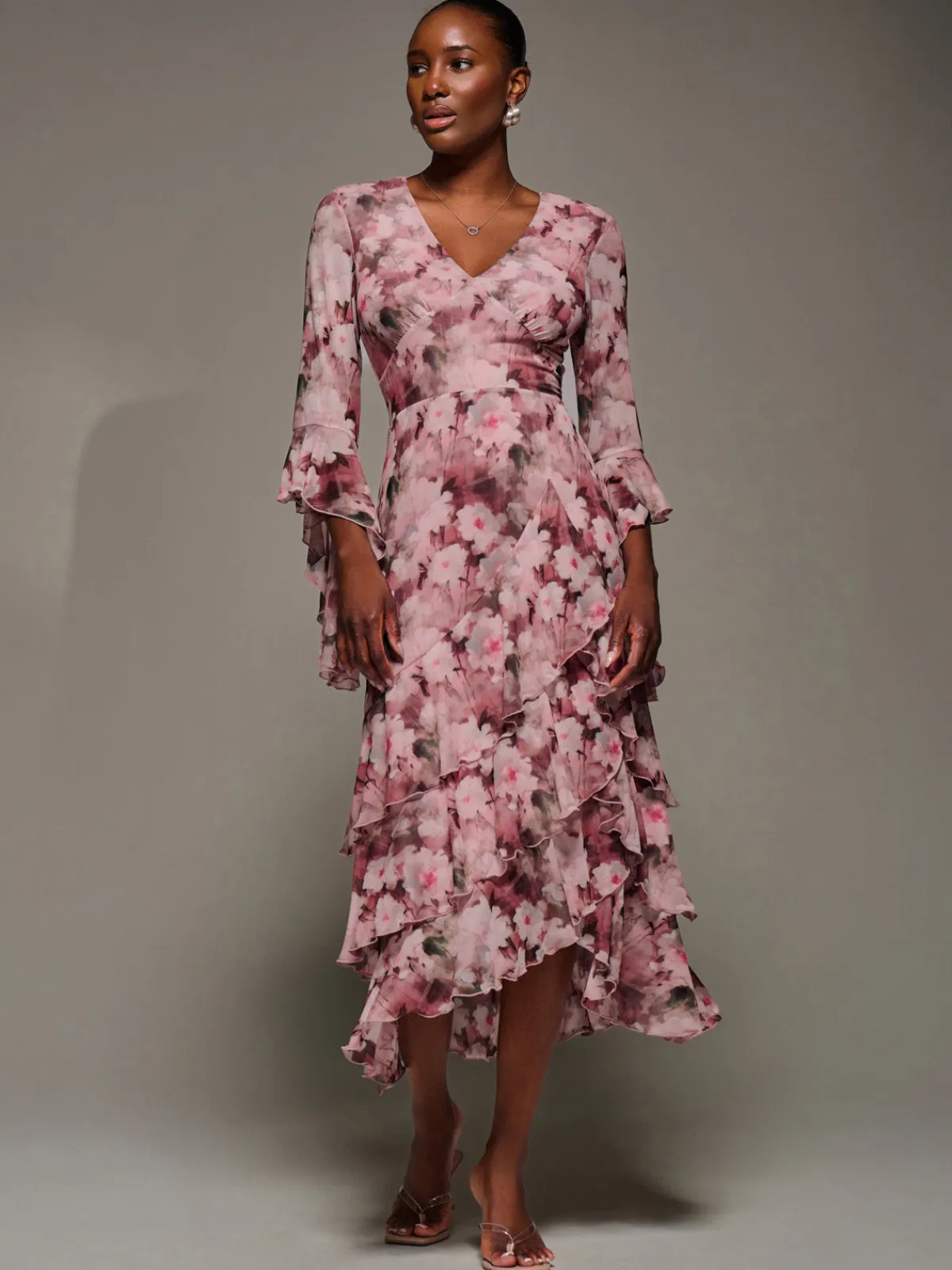Jolie Moi Occasion Dresses|Floral Dresses-Mesh Ruffle Sleeve Tiered Midaxi Dress, Pink Floral