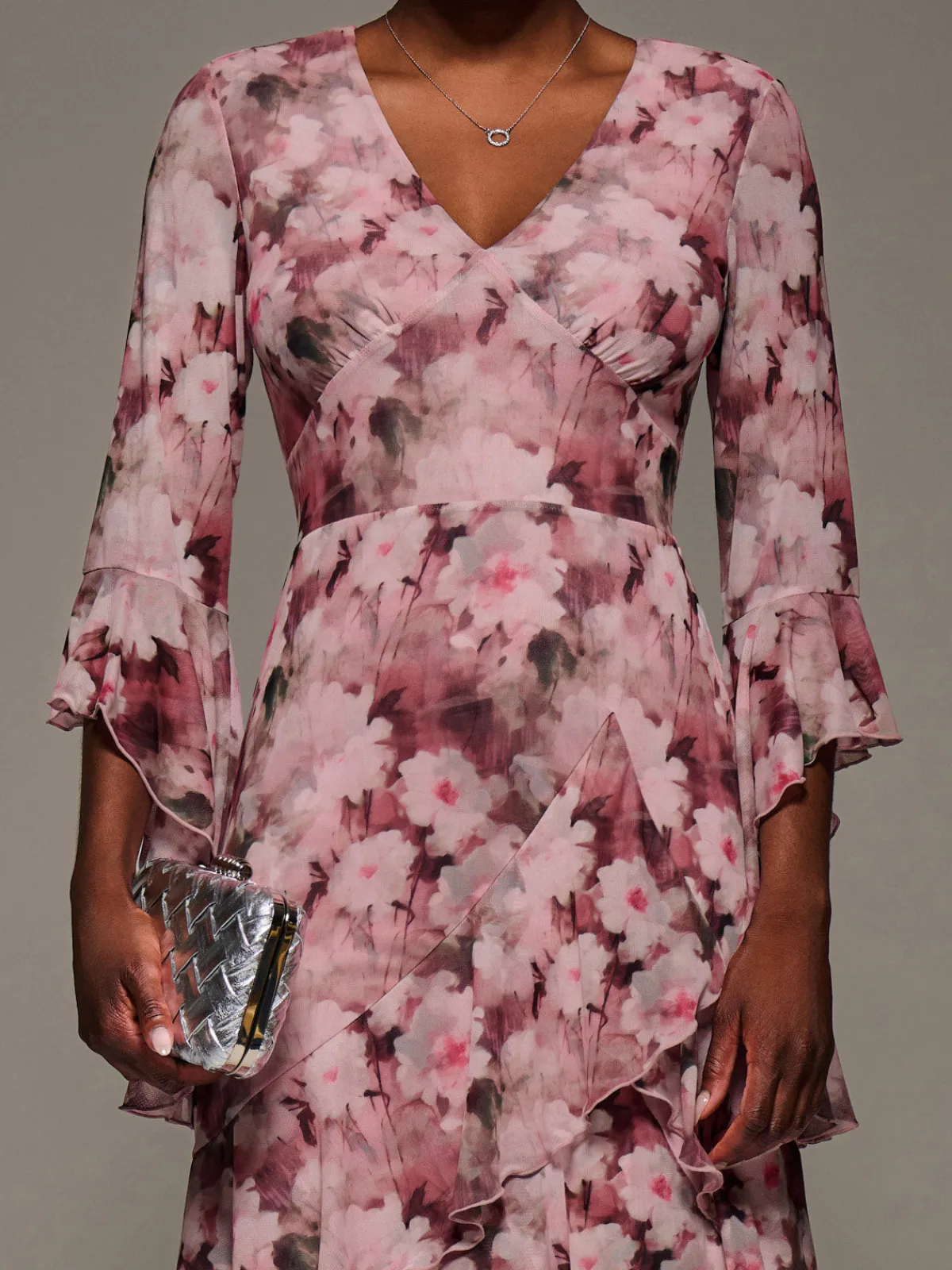 Jolie Moi Occasion Dresses|Floral Dresses-Mesh Ruffle Sleeve Tiered Midaxi Dress, Pink Floral