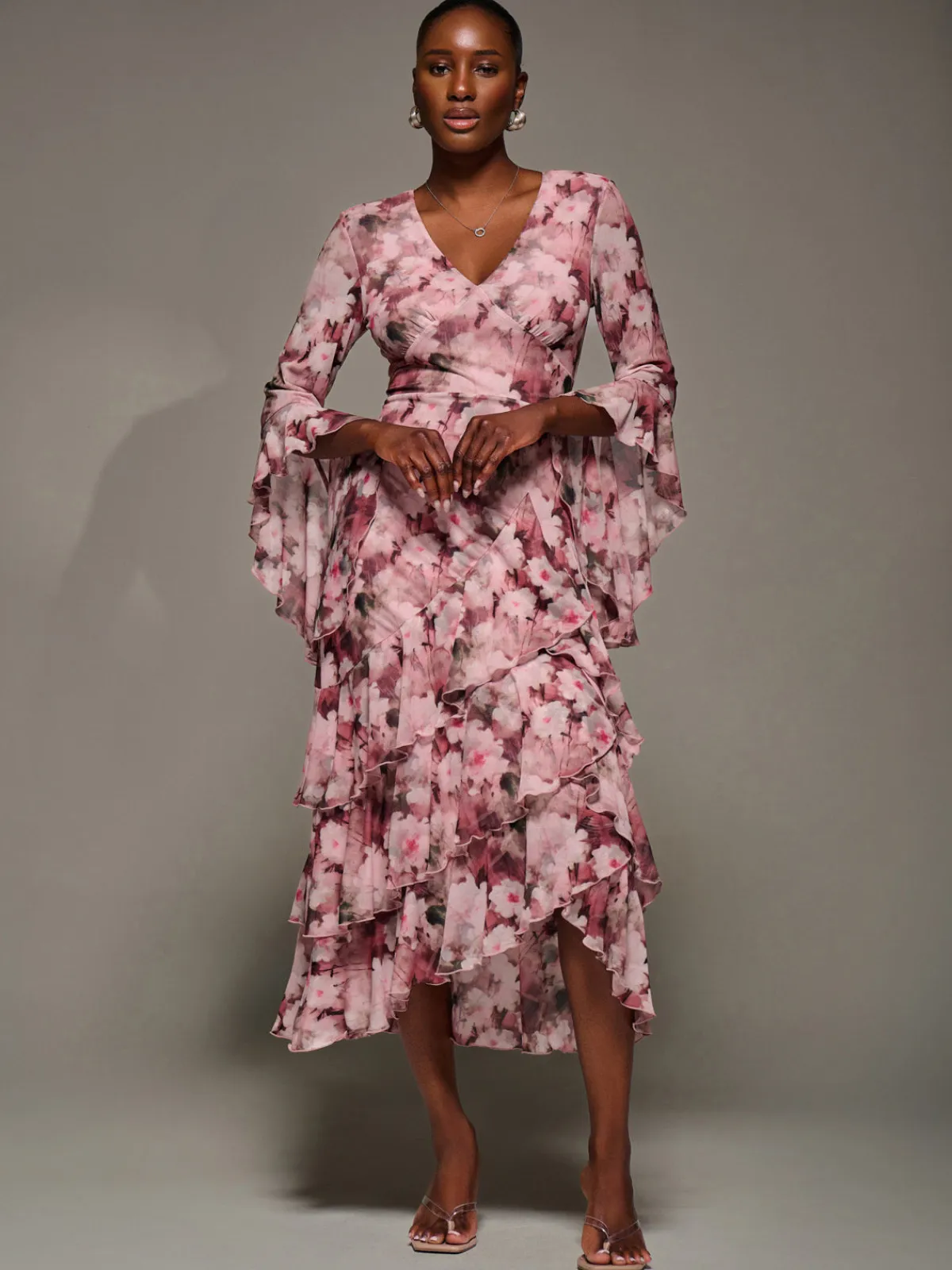 Jolie Moi Occasion Dresses|Floral Dresses-Mesh Ruffle Sleeve Tiered Midaxi Dress, Pink Floral