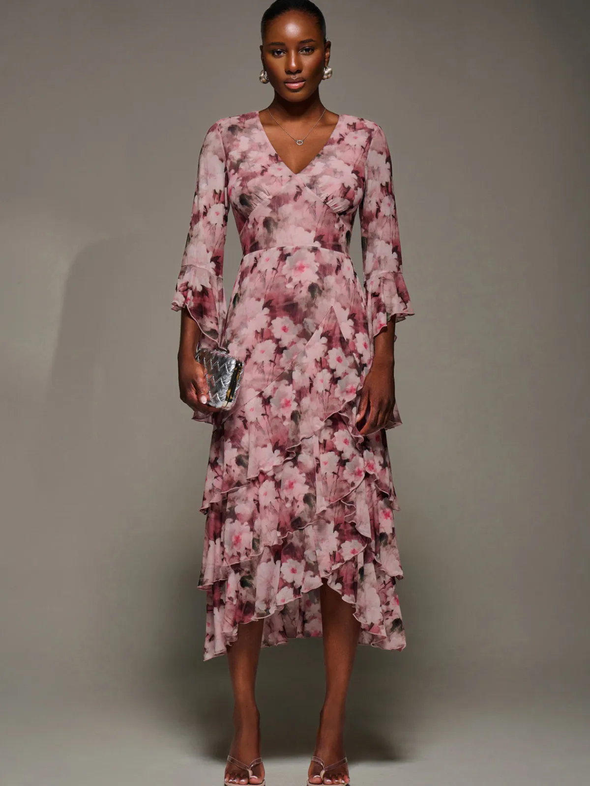 Jolie Moi Occasion Dresses|Floral Dresses-Mesh Ruffle Sleeve Tiered Midaxi Dress, Pink Floral