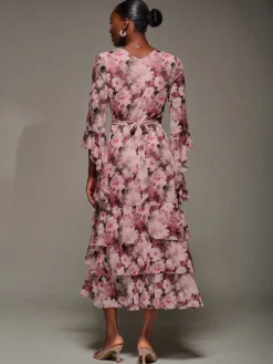 Jolie Moi Occasion Dresses|Floral Dresses-Mesh Ruffle Sleeve Tiered Midaxi Dress, Pink Floral
