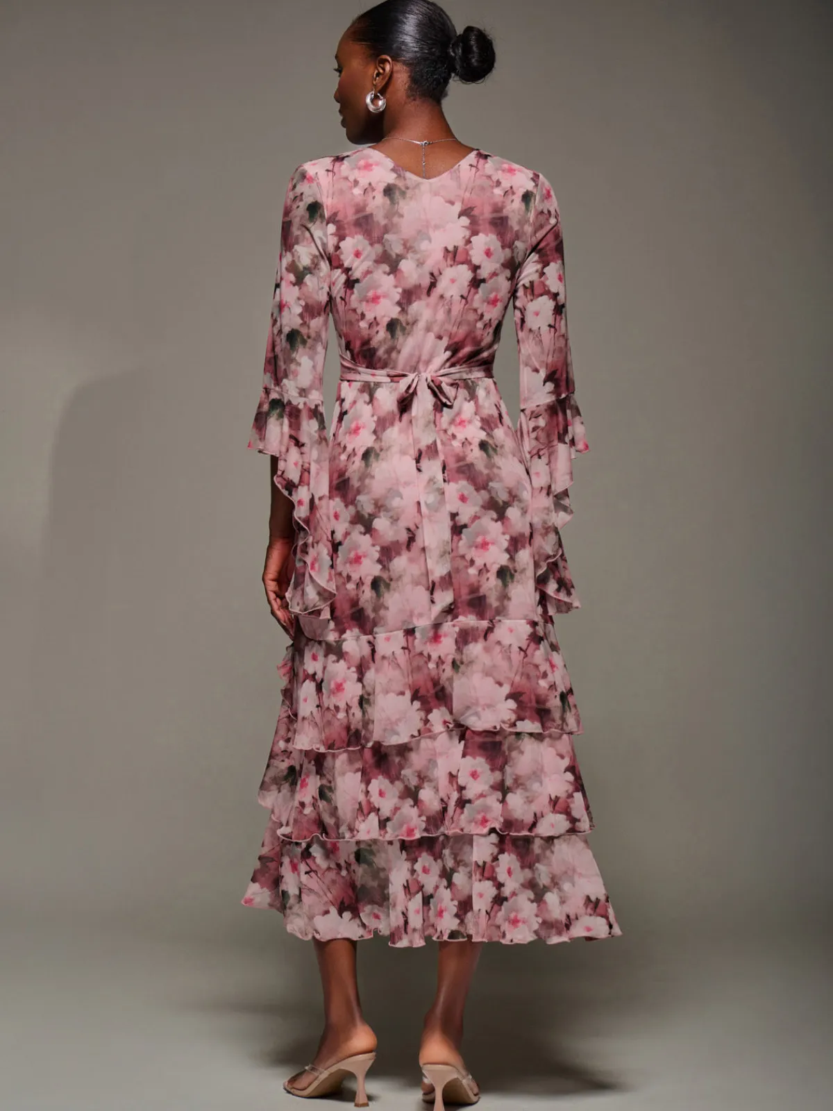 Jolie Moi Occasion Dresses|Floral Dresses-Mesh Ruffle Sleeve Tiered Midaxi Dress, Pink Floral