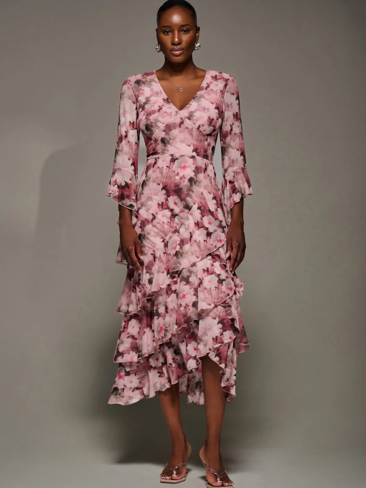 Jolie Moi Occasion Dresses|Floral Dresses-Mesh Ruffle Sleeve Tiered Midaxi Dress, Pink Floral