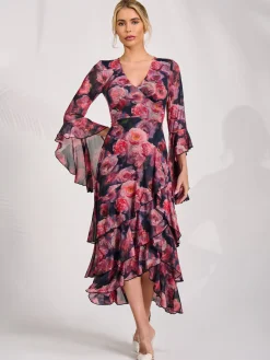 Jolie Moi Occasion Dresses|Floral Dresses-Mesh Ruffle Sleeve Tiered Midaxi Dress, Red Floral