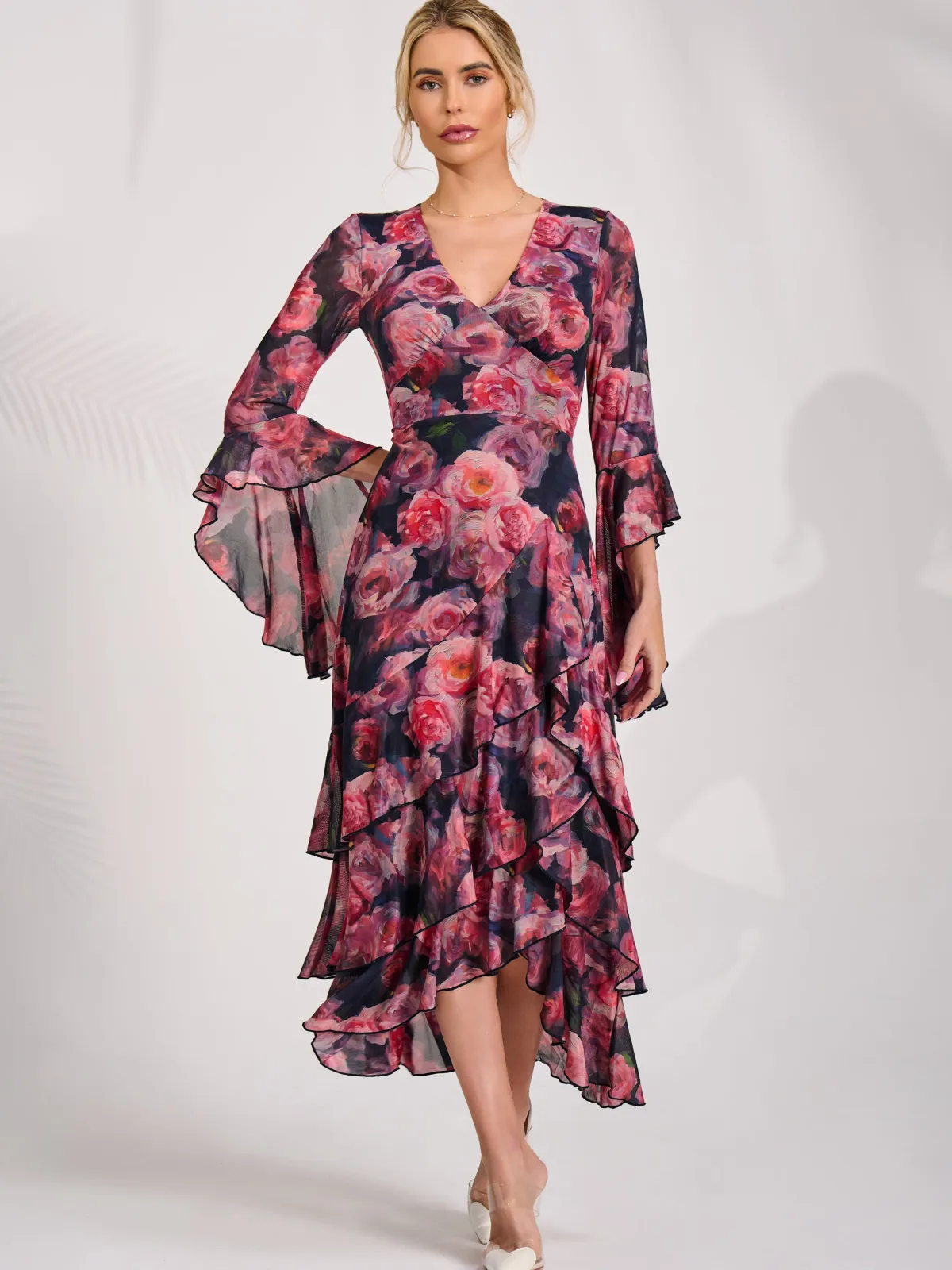 Jolie Moi Occasion Dresses|Floral Dresses-Mesh Ruffle Sleeve Tiered Midaxi Dress, Red Floral