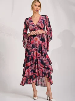 Jolie Moi Occasion Dresses|Floral Dresses-Mesh Ruffle Sleeve Tiered Midaxi Dress, Red Floral