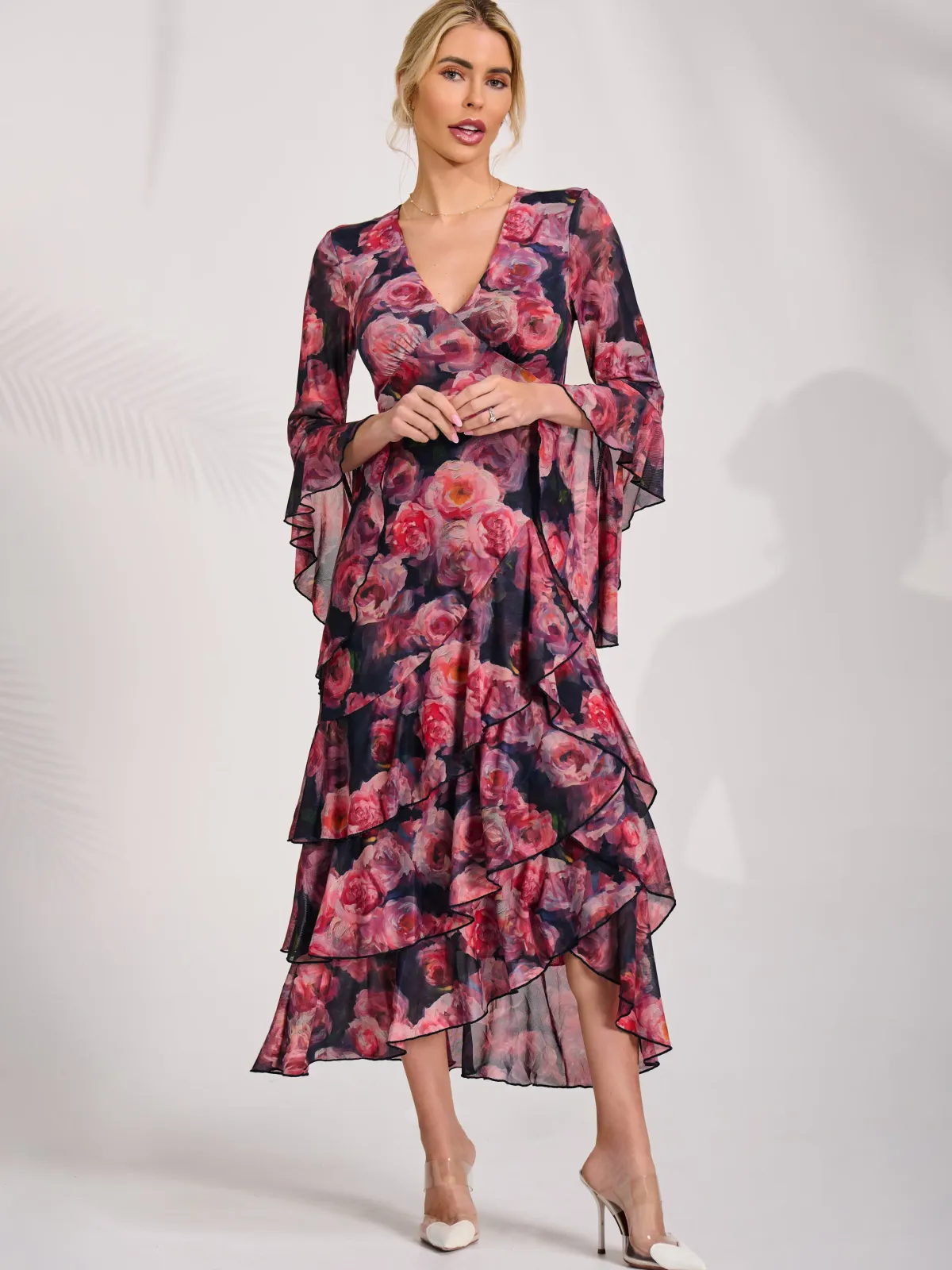 Jolie Moi Occasion Dresses|Floral Dresses-Mesh Ruffle Sleeve Tiered Midaxi Dress, Red Floral