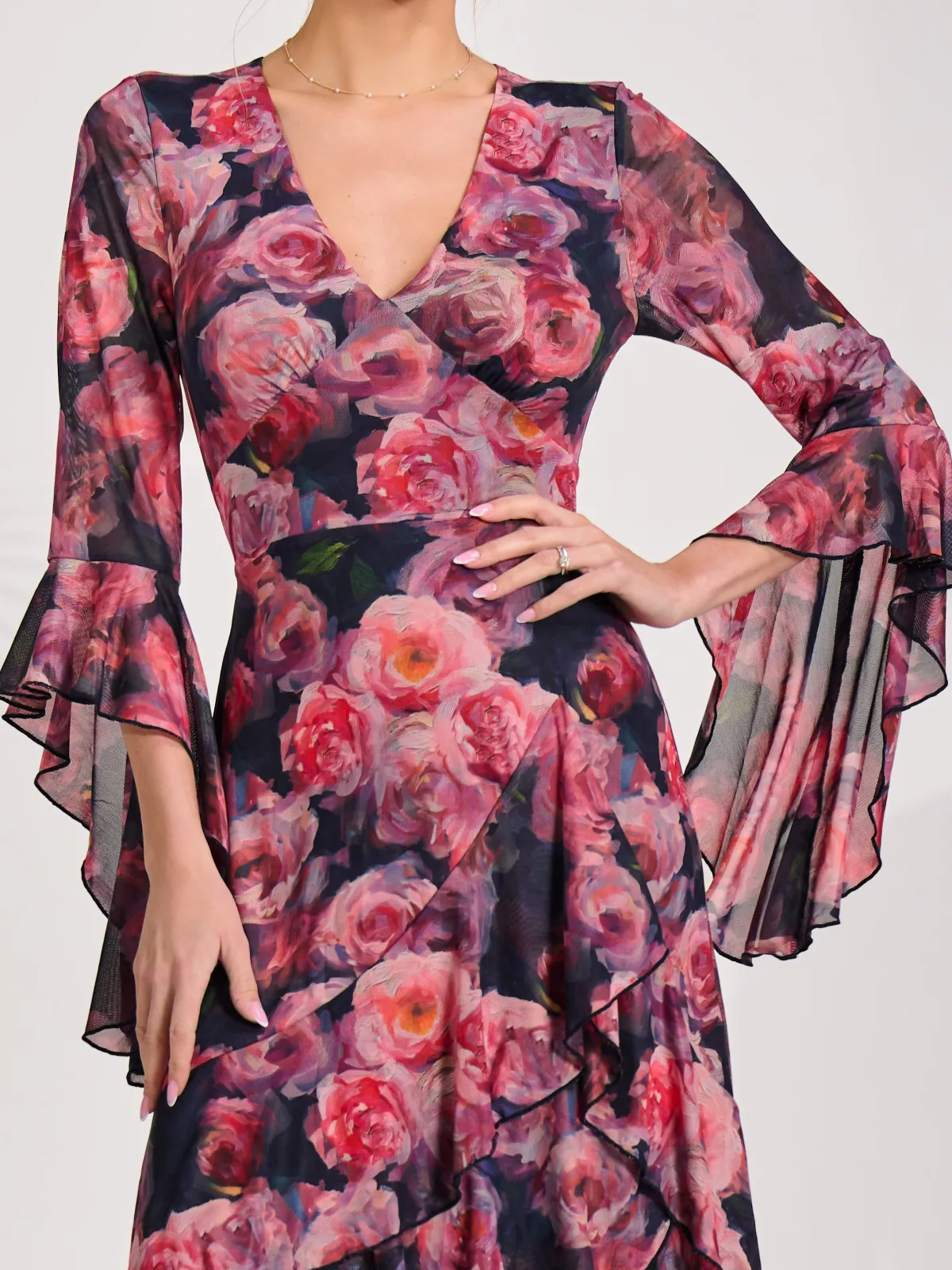 Jolie Moi Occasion Dresses|Floral Dresses-Mesh Ruffle Sleeve Tiered Midaxi Dress, Red Floral