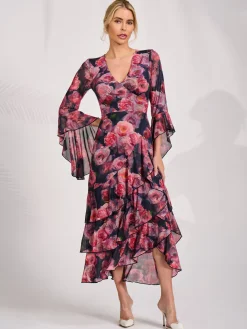 Jolie Moi Occasion Dresses|Floral Dresses-Mesh Ruffle Sleeve Tiered Midaxi Dress, Red Floral