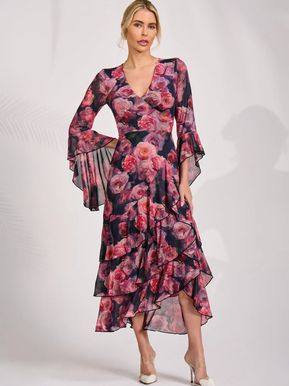 Jolie Moi Occasion Dresses|Floral Dresses-Mesh Ruffle Sleeve Tiered Midaxi Dress, Red Floral