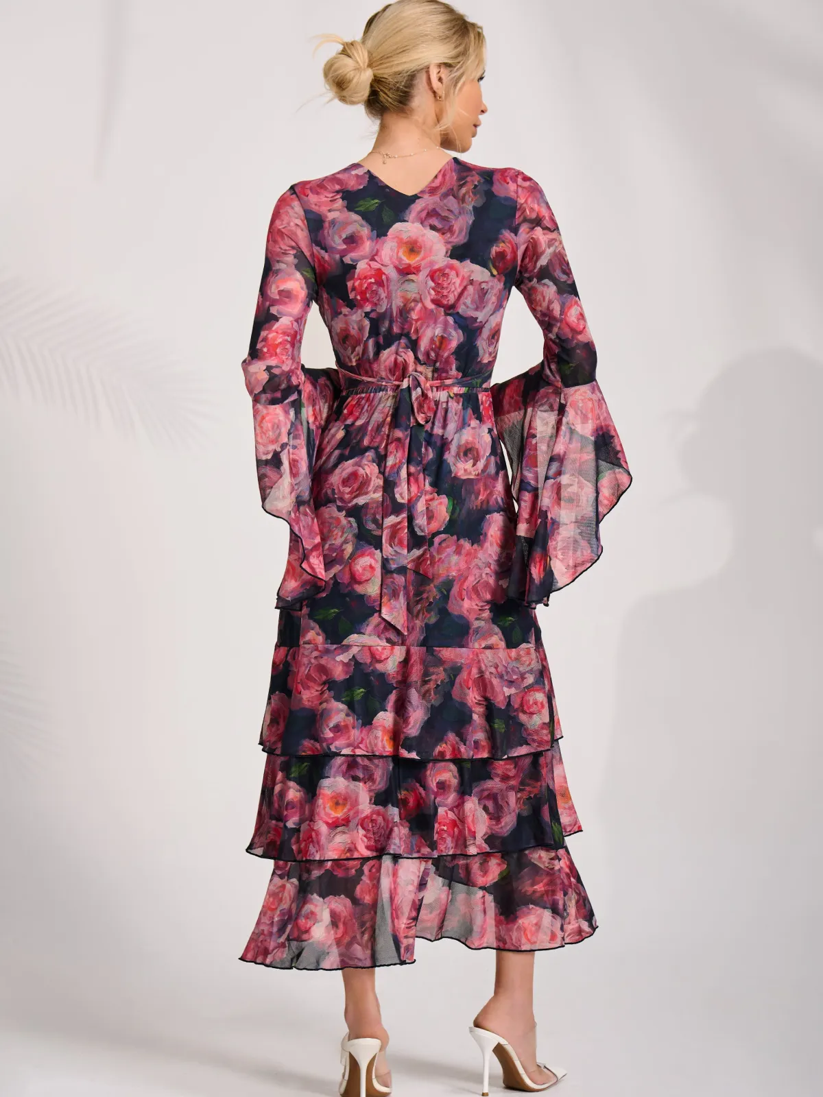 Jolie Moi Occasion Dresses|Floral Dresses-Mesh Ruffle Sleeve Tiered Midaxi Dress, Red Floral
