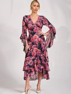 Jolie Moi Occasion Dresses|Floral Dresses-Mesh Ruffle Sleeve Tiered Midaxi Dress, Red Floral