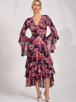 Jolie Moi Occasion Dresses|Floral Dresses-Mesh Ruffle Sleeve Tiered Midaxi Dress, Red Floral