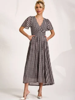 Jolie Moi Occasion Dresses|Mesh Dresses-Mesh Short Sleeve Midaxi Dress, Black Geo