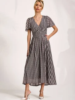 Jolie Moi Occasion Dresses|Mesh Dresses-Mesh Short Sleeve Midaxi Dress, Black Geo