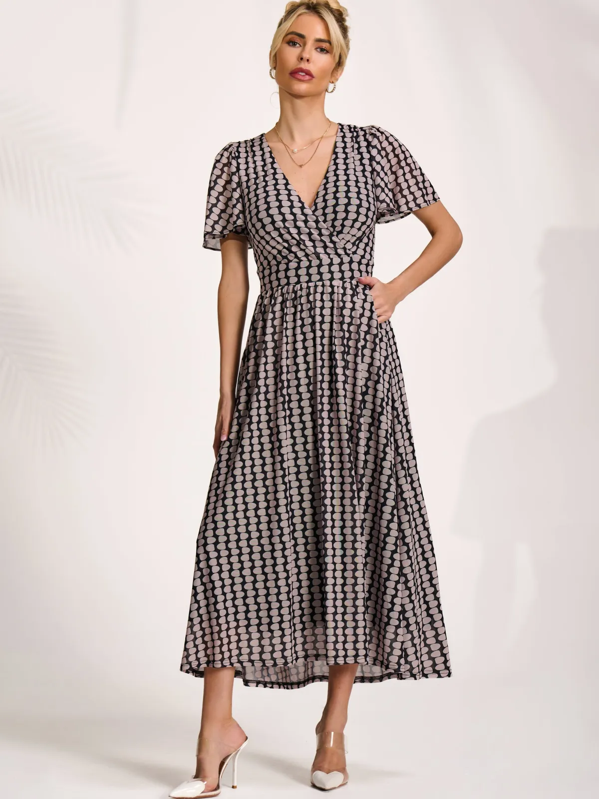 Jolie Moi Occasion Dresses|Mesh Dresses-Mesh Short Sleeve Midaxi Dress, Black Geo