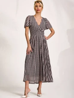 Jolie Moi Occasion Dresses|Mesh Dresses-Mesh Short Sleeve Midaxi Dress, Black Geo