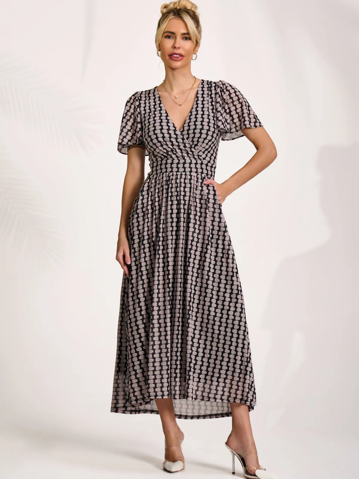 Jolie Moi Occasion Dresses|Mesh Dresses-Mesh Short Sleeve Midaxi Dress, Black Geo