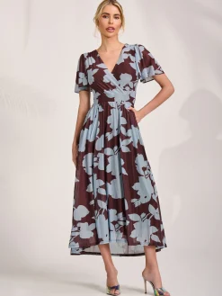 Jolie Moi Occasion Dresses|Floral Dresses-Mesh Short Sleeve Midaxi Dress, Brown Floral